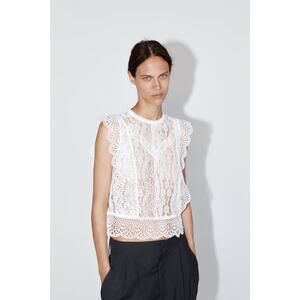 Zara White Lace Floral Sleeveless Ruffle Scalloped Sheer Crop Blouse Tank Top S